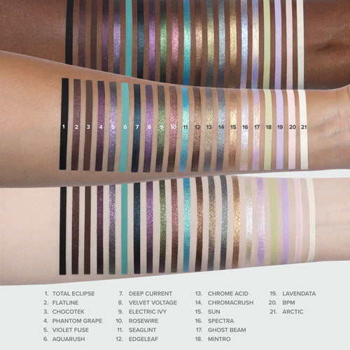 1. TOTAL ECLIPSE
2. FLATLINE
3. CHOCOTEK
4. PHANTOM GRAPE
5. VIOLET FUSE
6. AQUARUSH
7. DEEP CURRENT
8. VELVET VOLTAGE
9. ELECTRIC IVY
10. ROSEWIRE
11. SEAGLINT
12. EDGELEAF
13. CHROME ACID
14. CHROMACRUSH
15. SUN
16. SPECTRA
17. GHOST BEAM
18. MINTRO
19. LAVENDATA
20. BPM
21. ARCTIC